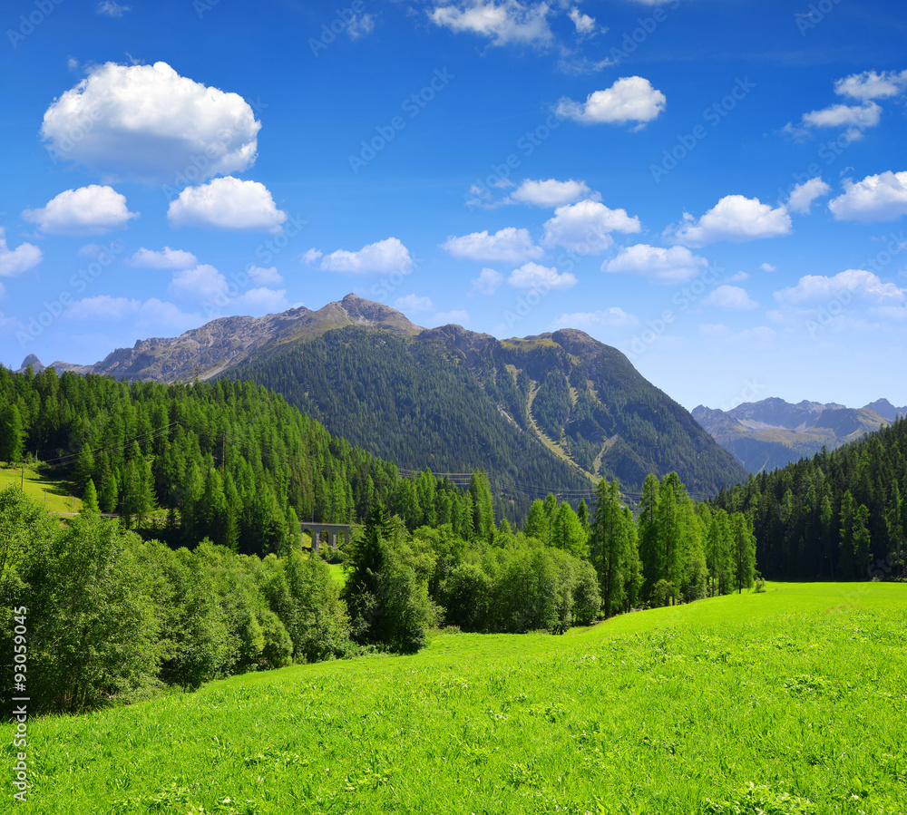 Alpine landscape with mountain range. Canton Graubunden, Switzerland