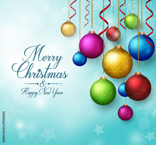 3D Realistic  Merry Christmas Greetings with Hanging Christmas Balls in Winter Background. Vector Illustration
