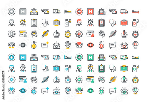Flat line colorful icons set of healthcare and medicine, medical services and support, health care facility, emergency medical services, transport of patients, diagnosis, treatment and laboratory.