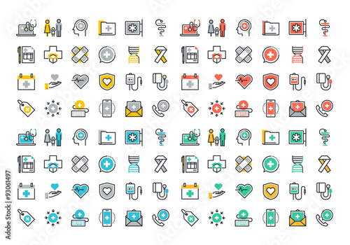 Flat line colorful icons collection of healthcare services, online medical support, health insurance, pharmacy and family health care, disease prevention