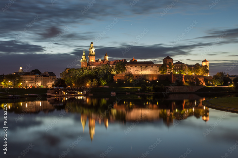 Wawel Castle and Wawel cathedral seen from the Vistula boulevards in the morning