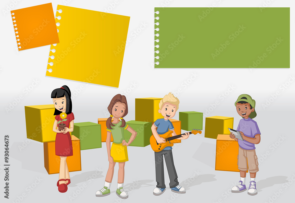 Template for advertising brochure with a group of cartoon young people. Teenagers.
Template for advertising brochure with a group of cartoon young people. Teenagers.