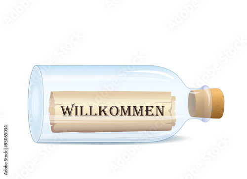 Bottle with Willkommen message 
Vector illustration isolated on white background 
