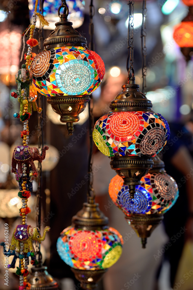 Colorful lamps hanging at the Grand Bazaar in Istanbul.