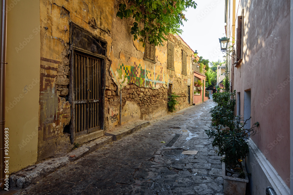 Old historical neighbourhood  street of Athens, clustered around the northern and eastern slopes of the Acropolis