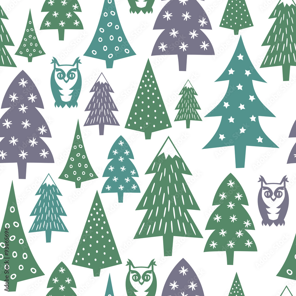 Winter pattern - varied Xmas trees, owls and snowflakes. Simple seamless Happy New Year background. Vector design for winter holidays on white background. Child drawing style trees.