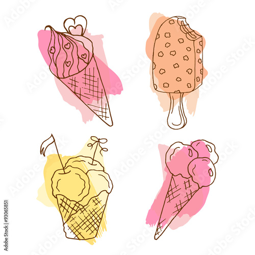 Vector icecream doodle illustration. Set of 4 hand drawn icecreams with colorful splashes.