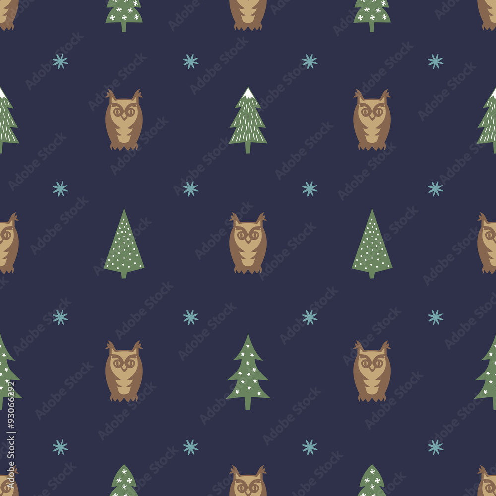 Fototapeta premium Winter pattern - varied Xmas trees, owls and snowflakes. Simple seamless Happy New Year background. Vector design for winter holidays on blue background. Child drawing style trees.