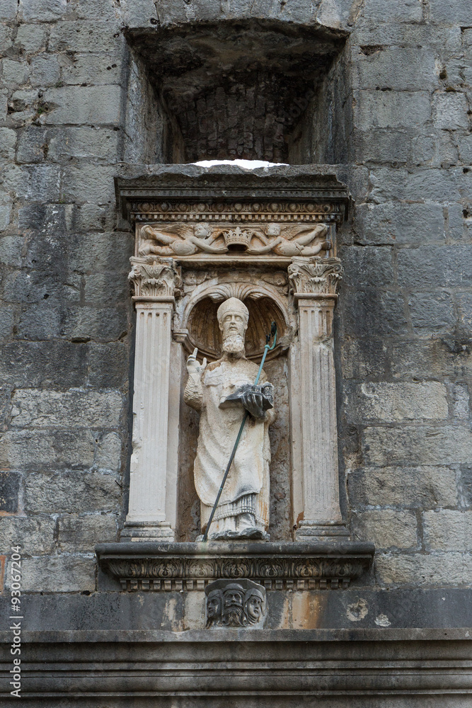 Statue of St. Blaise at the Old Town's Pile Gate in Dubrovnik, Croatia. Statue of St. Blaise at the Old Town's Pile Gate in Dubrovnik, Croatia.