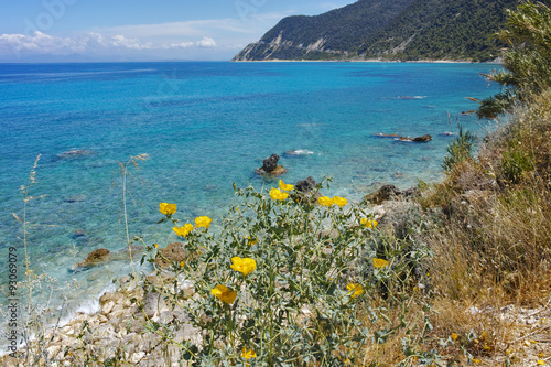 Panorama of Blue Waters of the Agios Nikitas Beach, Lefkada, Ionian Islands, Greece