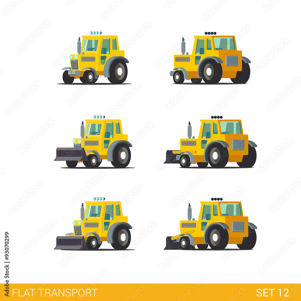 Tractor motor grader vector flat isometric construction vehicles