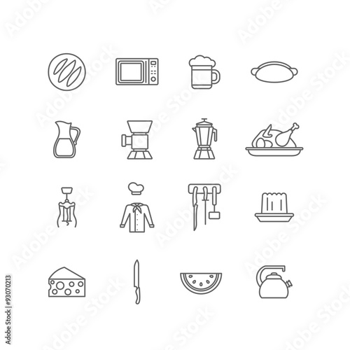 Kitchen stuff kitchenware cooking food lineart vector icons