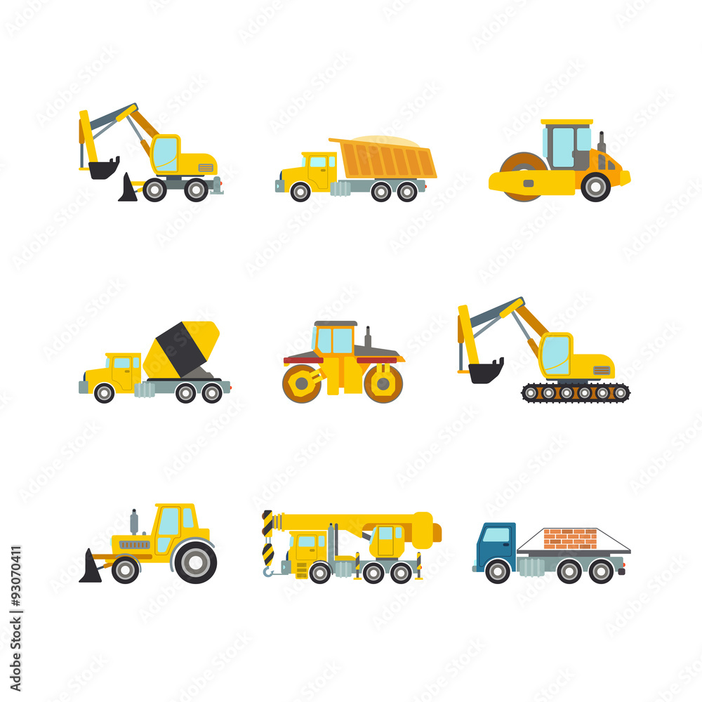 Construction wheeled vector flat web app icons: bulldozer grader