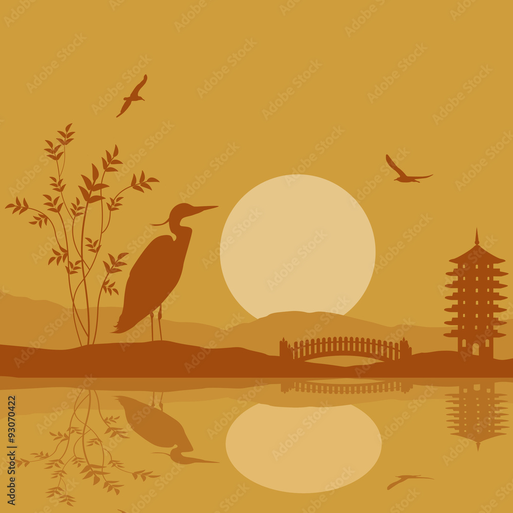Heron silhouette on river at beautiful asian place Heron silhouette on river at beautiful asian place
