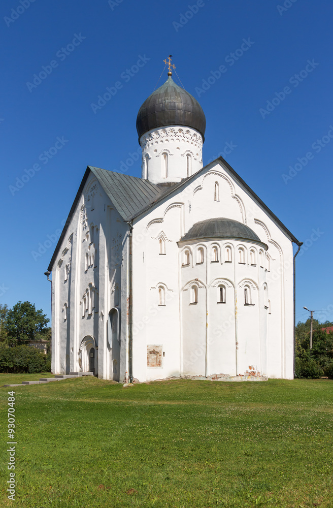 Old Russian Orthodox church of the Transfiguration on Ilyina in Novgorod on a summer day