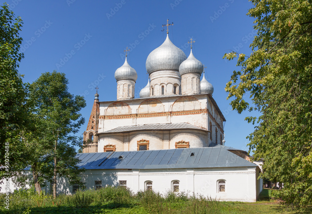 Old Orthodox Znamensky cathedral in  Znamensky Monastery in Veliky Novgorod summer day