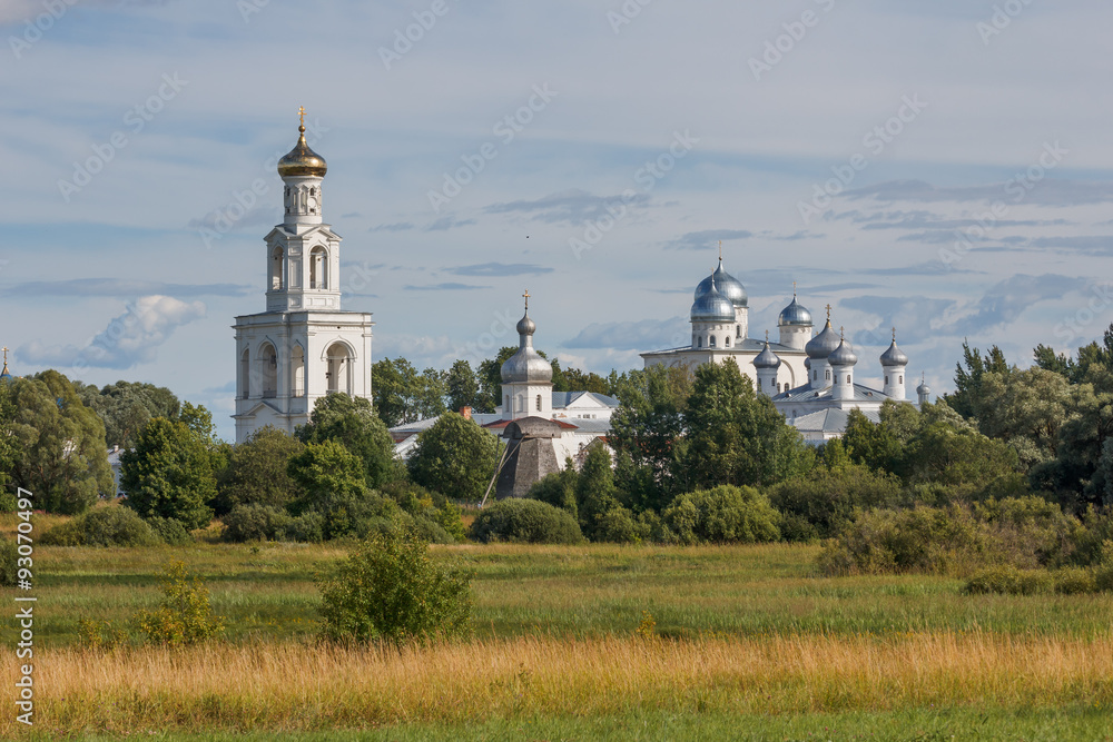 Old Orthodox monastery in the summer landscape. Yuriev Monastery in the neighborhood Veliky Novgorod 