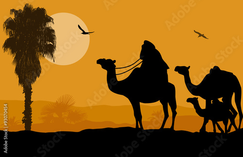 Camel caravan at sunset