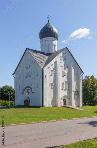 Old Russian Orthodox church of the Transfiguration on Ilyina in Novgorod on a summer day photo