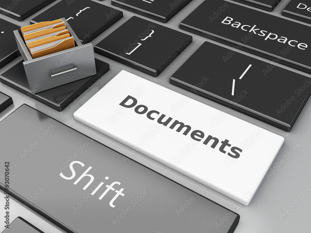 Fototapeta premium 3d File cabinet with folders on the computer keyboard