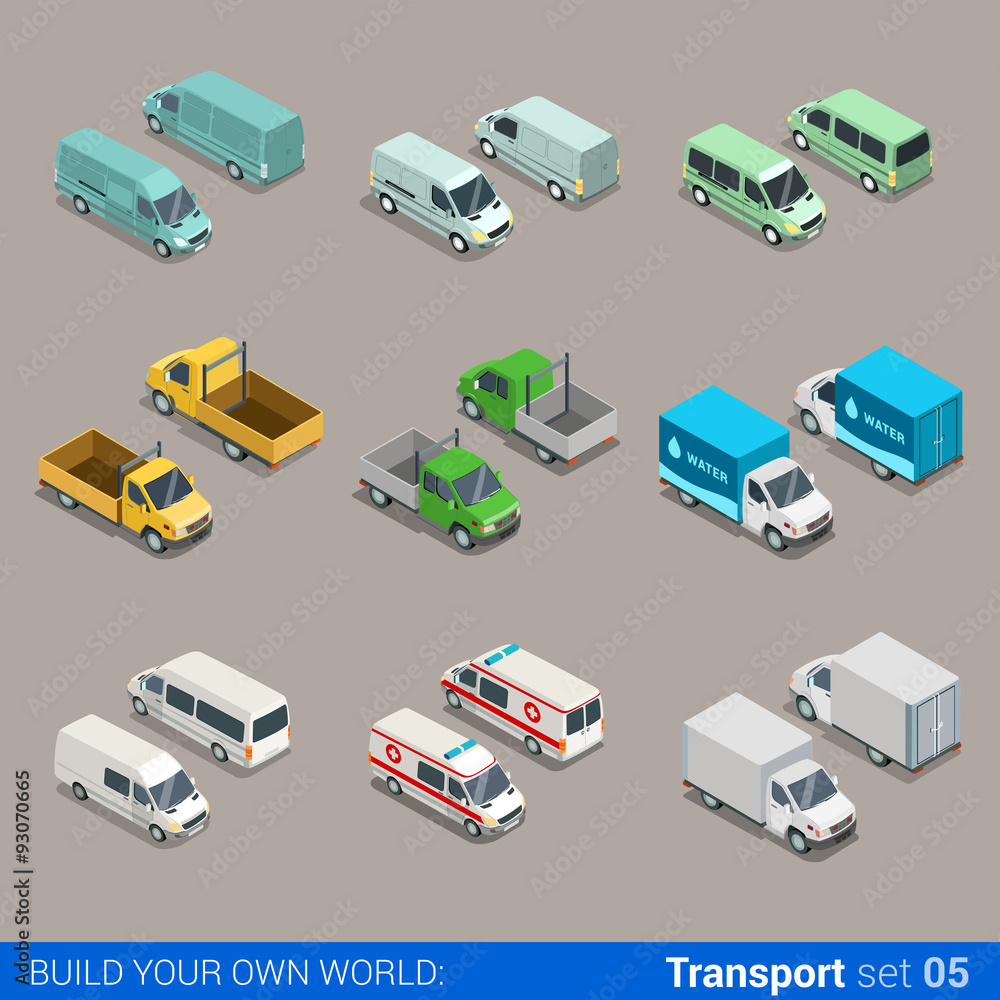 Naklejka premium Flat vector 3d freight cargo transport: car truck van ambulance