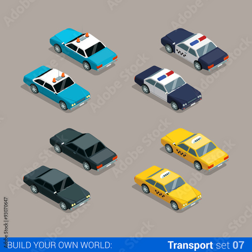 Flat isometric city transport icon police sheriff car taxi cab