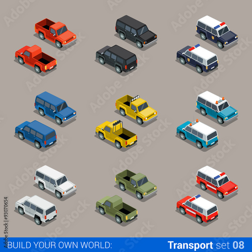 Vector isometric SUV jeep offroad transport police car pickup