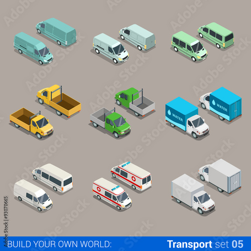 Flat vector 3d freight cargo transport: car truck van ambulance