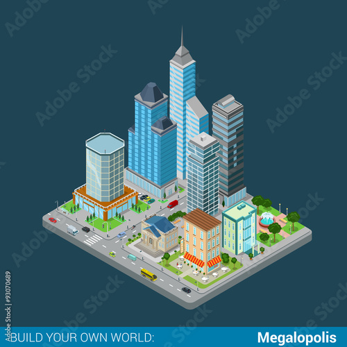 Flat 3d isometric megalopolis building street: skyscrapers mall