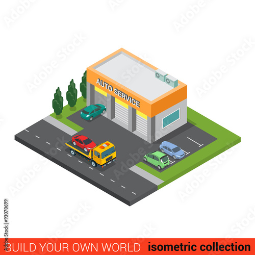 Flat isometric auto car repair service building vector concept