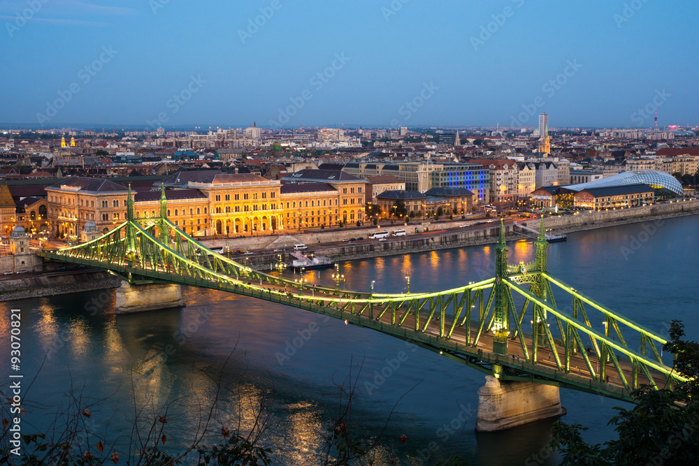 Landscape with the Liberty Bridge in the evening in Budapest, Hu