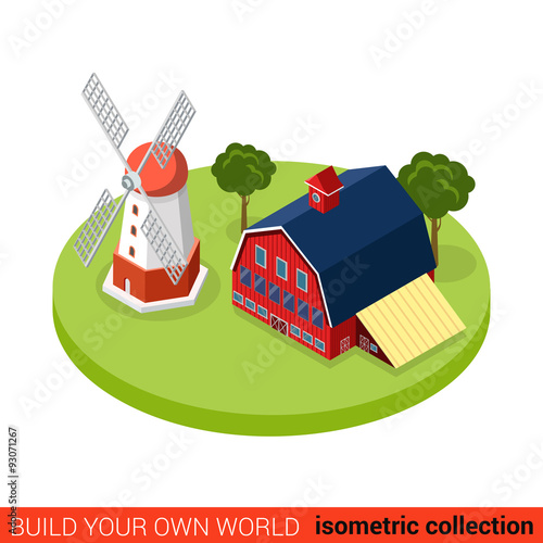 Countryside windmill farm flat 3d isometric vector building