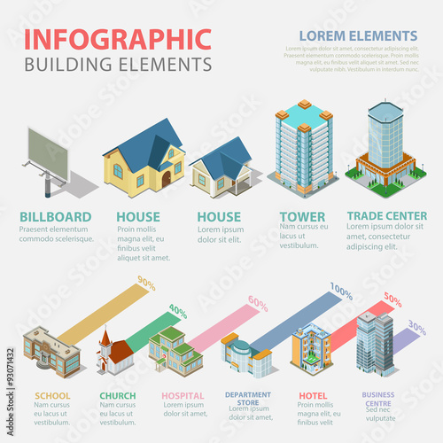 Flat 3d isometric building estate infographics: hospital hotel