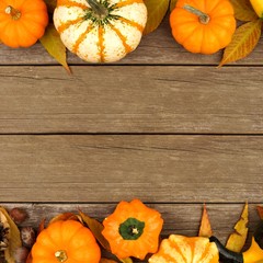 Autumn double border of pumpkins, leaves and gourds against a rustic wood background