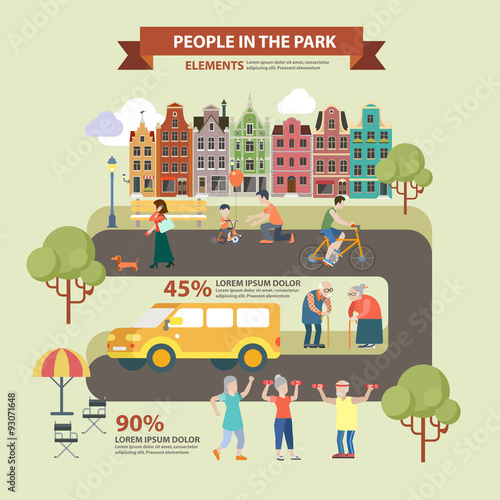 People in park city oldies walking vector flat site infographic
