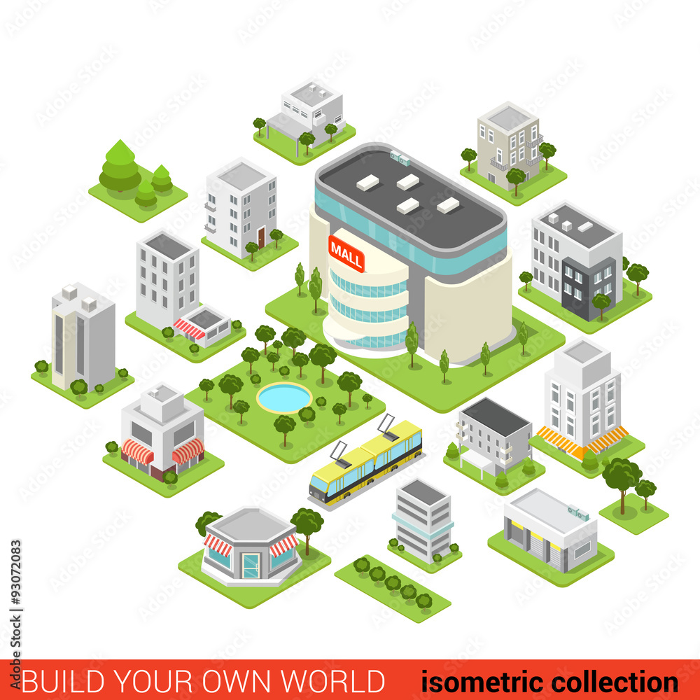 Flat 3d isometric shopping mall restaurant vector infographic Stock ...