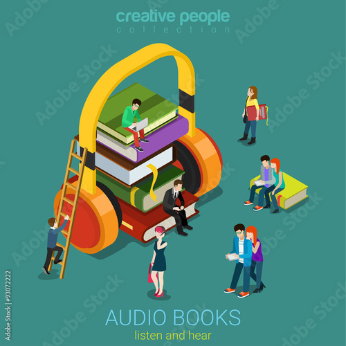 Audio books flat 3d vector electronic library: books headphones