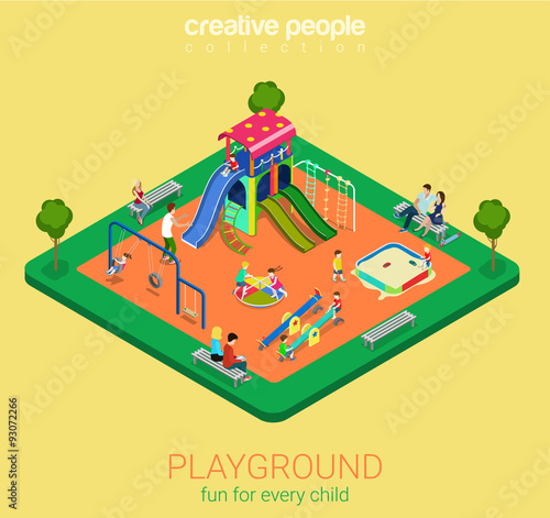 Children playground flat vector 3d isometric sandpit swing slide
