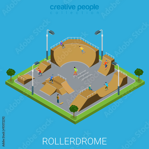 Skatepark BMX skate park rollerdrome isometric flat vector