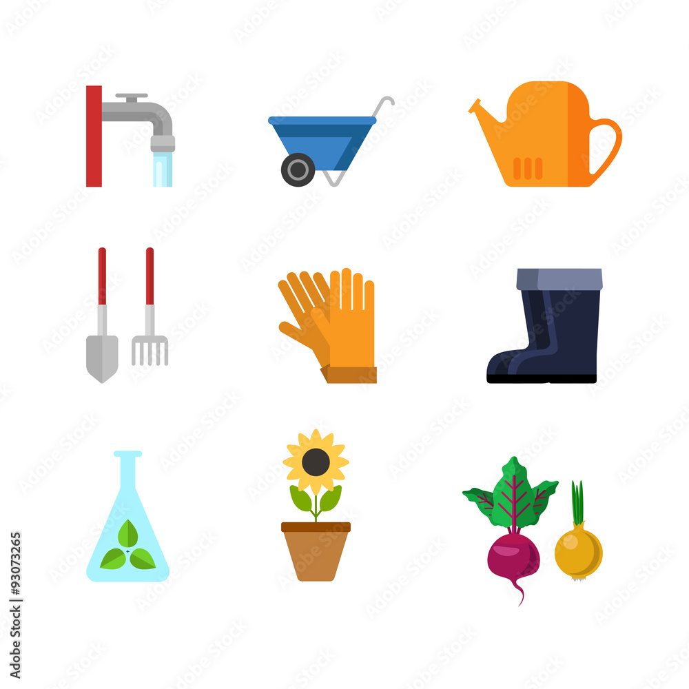 Flat vector gardening tools web app icon: rubber boots sunflower Flat vector gardening tools web app icon: rubber boots sunflower