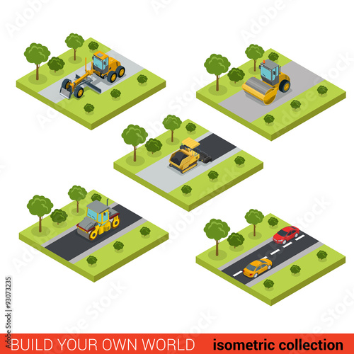 Flat isometric vector road highway making asphalt construction