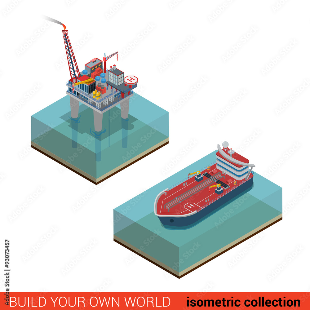 Sea oil extraction platform with helipad tanker vector isometric
