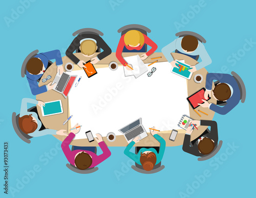 Office table top view business meeting flat vector infographic