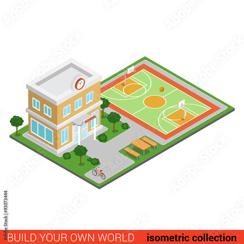 Flat 3d isometric vector school building stadium info graphic