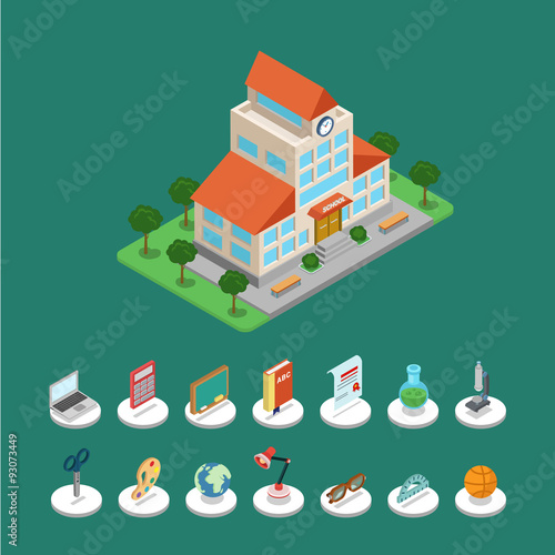 Flat 3d isometric vector school building infographics