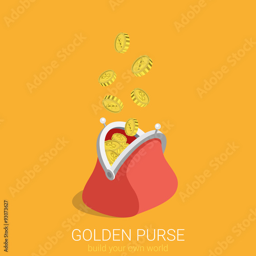 Flat 3d isometric vector golden purse coins wallet infographics