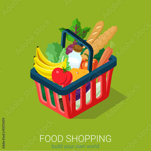 Flat 3d isometric food grocery shopping web infographics: cart