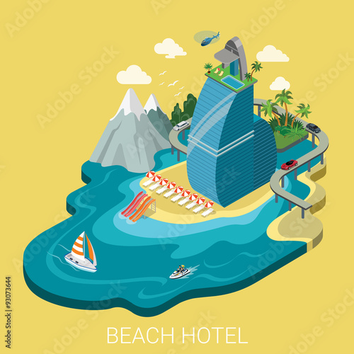 Flat isometric vector beach hotel infographics travel vacation