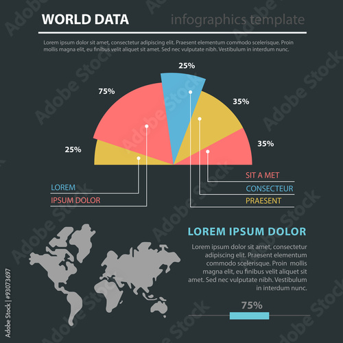 Marketing world map flat vector infographic: diagram pie chart