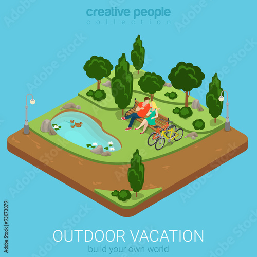 Flat isometric outdoor vacation cycling couple bench forest park